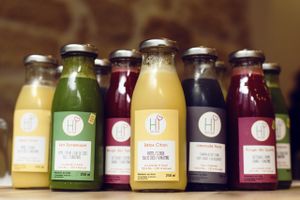 Organic cold pressed juice made everyday in the juice factory, at Health Inside in Paris