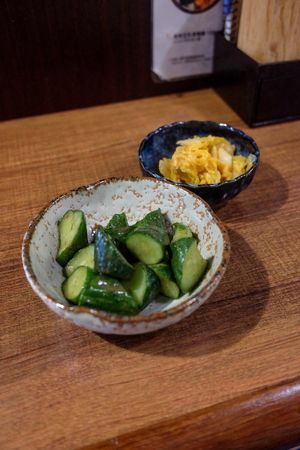 Pickled cucumber and golden kimchi at Qiu Dou Ru La Mien - Hagi Soymilk Ramen in Kaohsiung