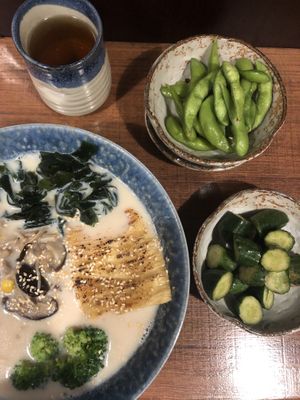 Soy milk ramen, edamame & pickled cucumbers.  at Qiu Dou Ru La Mien - Hagi Soymilk Ramen in Kaohsiung