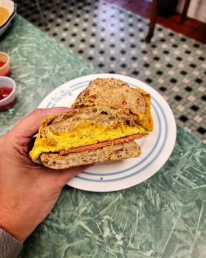 Dirty Jersey Breakfast Sandwich on an Everything Philly Muffin at The Tasty in Philadelphia