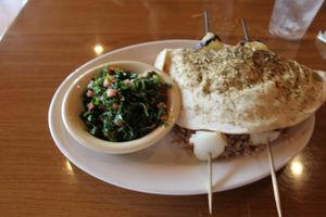 Vegetarian Platter {Vegan}: Two skewers of marinated vegetables served with rice, marinated pita bread, and tabouli. at Pita Plate in Morehead City