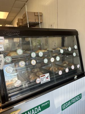 The green labels are all vegan  at Jessy's Pastries in Oceanside