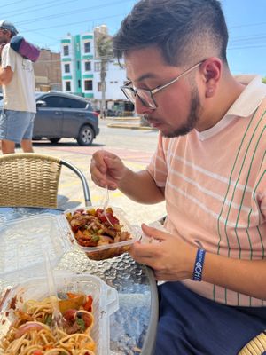 We got Tallarin Saltado and Saltado de Verduras! at Pukasoncco arte y Restaurant in Paracas
