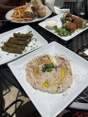 All vegan, grape leaves, falafels, babaganoush, falafel wraps, home made French fries   at Sage Lebanese Cuisine in Fairhope
