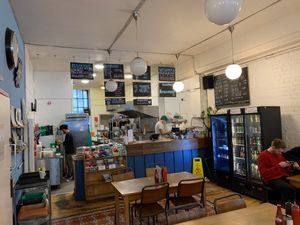 Interior of cafe, counter & kitchen  #Veganuary at Cafe Kino in Bristol