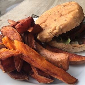 Classic Burger with sweet potato fries at Cafe Kino in Bristol