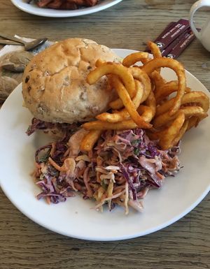 Burger with Slaw and Curly Fries  at Cafe Kino in Bristol