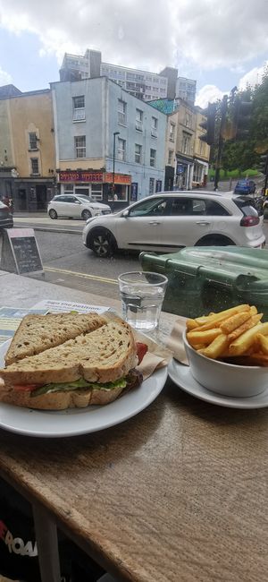 Sandwich and rosemary chimps. Water is free at Cafe Kino in Bristol