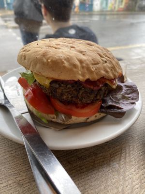 Classic Bean Burger (with added cheese)  at Cafe Kino in Bristol