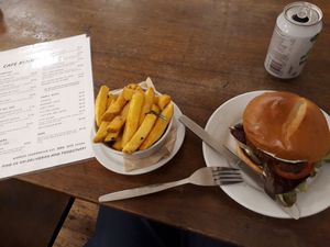 Garlic chickn burger and rosemary chips at Cafe Kino in Bristol