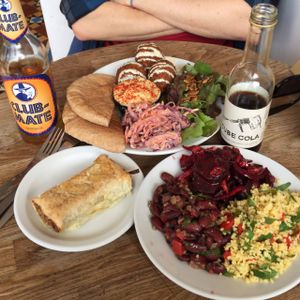 sausage roll, salad platter, kino falafel at Cafe Kino in Bristol