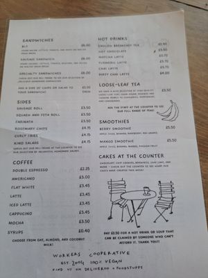 Menu at Cafe Kino in Bristol
