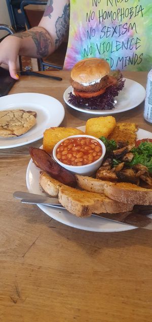Garlic "chicken" burger, large all day breakfast and a choc chip cookie at Cafe Kino in Bristol