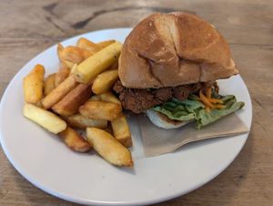 Spicy chik'n burger and rosemary chips at Cafe Kino in Bristol