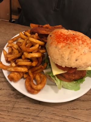 Spicy burger and curly fries at Cafe Kino in Bristol