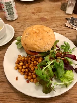 Barbecue burger with seasonal salads at Cafe Kino in Bristol