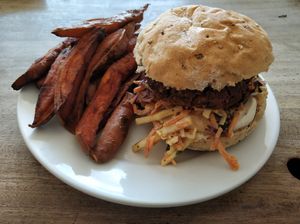 BBQ burger with sweet potato chips at Cafe Kino in Bristol
