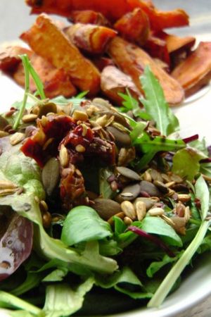 A kino salad with chunky sweet potato chips at Cafe Kino in Bristol