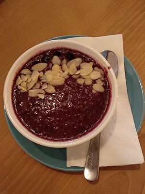 Acai bowl with almonds for breakfast at Dobre Bistro in Kosice