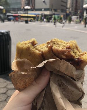 cinnamon bun from their stand at union square  at Body & Soul Bakeshop in New York City