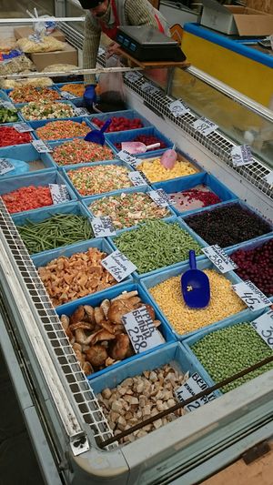 Frozen food in bulk at Pryvoz Market in Odessa