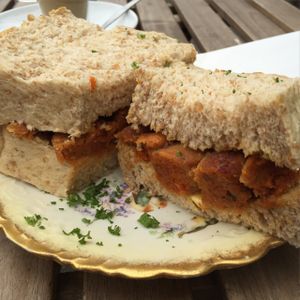 Vegan sausage sandwich at Dolly's Vintage Tearoom in Nottingham