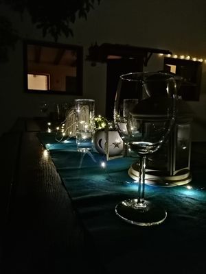 Dinner table on a summers night (yoga retreat) at Finca Vegana in Zahara De La Sierra