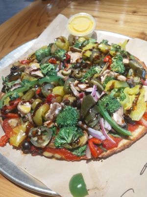 Extra, extra veggie pizza with balsamic drizzle, gluten free at Dells Pizza Lab in Wisconsin Dells