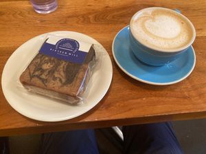 Vegan cake (from 16 mills) and vegan cappucino at One Girls Cookies in Brooklyn