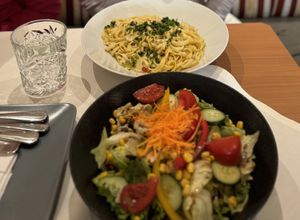 Tagliatelle, mixed salad  at Giuseppe in Purbach