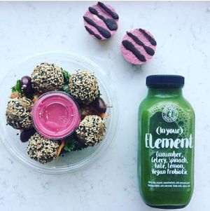 raw falafel, green juice and cherry & vanilla cheesecakes at Juice Warrior in Edinburgh