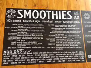 beautiful extended smoothie menu at Juice Warrior in Edinburgh