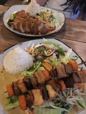 Barbecue seitan (foreground) and fried mock duck (background).  at Soya in Berlin