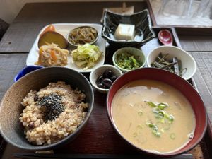 My all vegan set plate, 1650 yen unless you upgrade to larger rice    at Aisunao in Naoshima