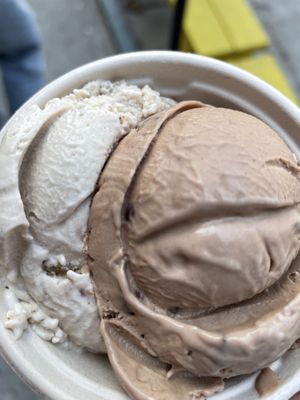 Split single scoop of walnut and mocha chip at Mr. Dewie's Cashew Creamery in Albany