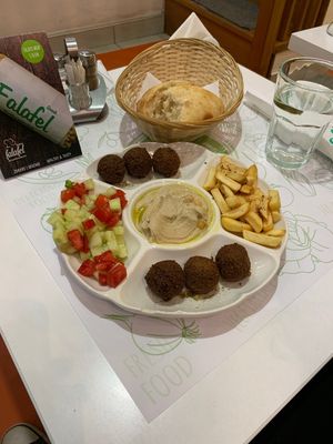 Falafel meal plate. Delicious. The hummus is a little plain but still good. Everything is made from scratch and fresh to order   at Falafel in Sarajevo
