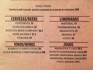 Drink menu with fresh juice and lemonades.  at Soul Food in Santa Marta