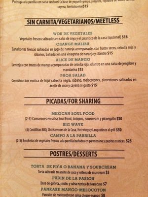 Vegetarian/ vegan section of the menu.  at Soul Food in Santa Marta