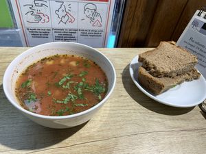 Seasonal vegetable borscht soup and whole grain bread at Vyro Raw & Vegan Bistro in Bucharest