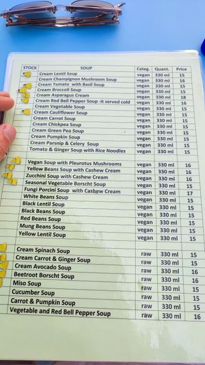 List of soups at Vyro Raw & Vegan Bistro in Bucharest