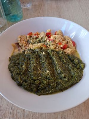 Tofu omelette and spinach at Vyro Raw & Vegan Bistro in Bucharest