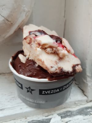 Half-half: sacher and hazelnut at Zvezda's Ice Cream in Ljubljana