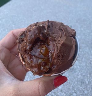 Vegan sacher ice cream - chocolate and apricot jam at Zvezda's Ice Cream in Ljubljana