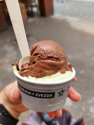 Sacher plus lime sorbet at Zvezda's Ice Cream in Ljubljana