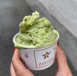 Delicious sweet green tea and lemon vegan ice cream at Zvezda's Ice Cream in Ljubljana