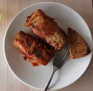 vegan cabbage rolls and burger with carrots at Ukrop in Kyiv