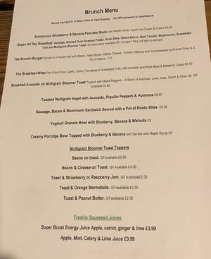 Brunch menu Feb 2022  at Super Natural Newcastle in Newcastle Upon Tyne