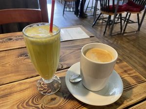 Green juice, black coffee   at Super Natural Newcastle in Newcastle Upon Tyne