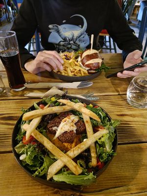 Falafel and hummus salad and All American cheese burger at Super Natural Newcastle in Newcastle Upon Tyne