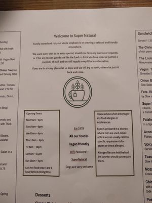 Menu at Super Natural Newcastle in Newcastle Upon Tyne